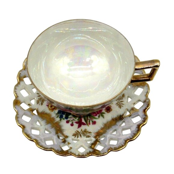 SHAFFORD Cup And Saucer Floral Design Gold Accents IRIDESCENT Finish Japan - Picture 5 of 11